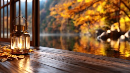 A beautifully glowing lantern rests on wooden planks beside a serene autumn lake, reflecting warm hues and evoking a sense of peace and cozy warmth in nature's embrace.