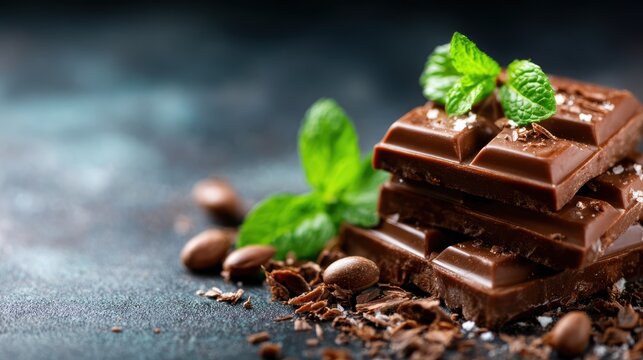 A delicious assortment of rich chocolate bars garnished with fresh mint leaves on a moody backdrop, creating an elegant and enticing scene perfect for dessert lovers.
