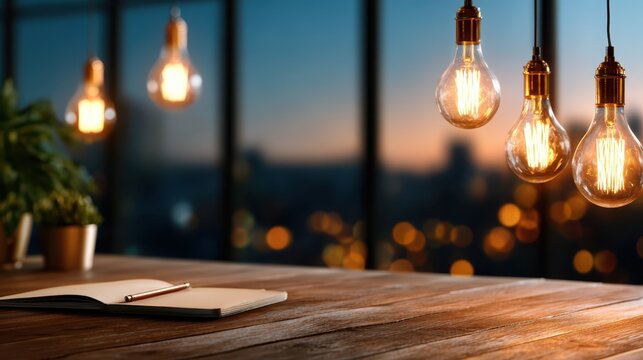 A cozy workspace adorned with hanging vintage light bulbs, wooden details, and a soft glow, creating an inviting atmosphere for creativity and inspiration in an urban setting.