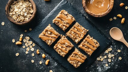 Oatmeal peanut butter bars drizzled with caramel on dark background  