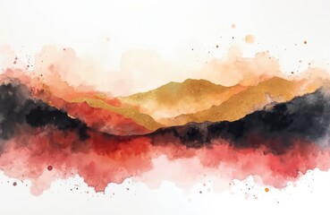 Obraz premium Abstract watercolor painting with coral, gold, black hues. Layers of color create textured, modern art piece. Artwork features soft, smooth, delicate details with mix of vibrant, glistering effects.