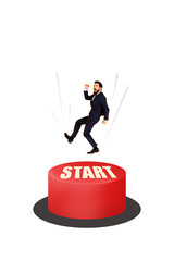 Sketch template design 3D photo collage composite of beginning start up button young guy miniature...