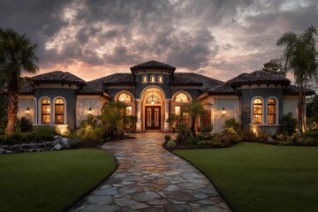 Obraz premium Grand Estate Illuminated Dusk Sky luxury home mansion