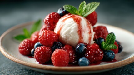 This appealing image showcases a delightful dessert featuring fresh raspberries and blueberries topped with creamy ice cream, representing indulgence and the joy of summer flavors.