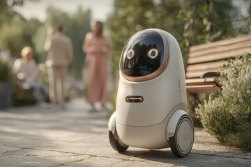 Fototapeta premium Friendly white AI robot on a sunny park path, symbolizing future tech.