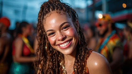 Obraz premium A joyful woman with curly hair smiles brightly while dancing at a vibrant festival, capturing the essence of celebration, fellowship, and cultural expression in the moment.