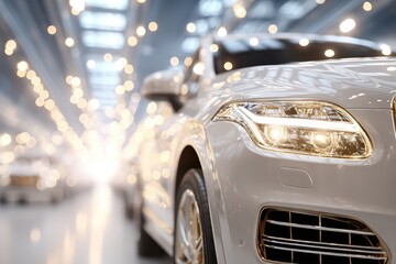 Glowing LED headlights of a luxury SUV in a bright, modern car showroom.