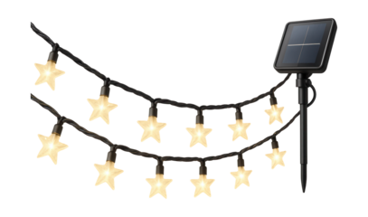 Energy-efficient solar outdoor string lights with small LED stars for garden decor.