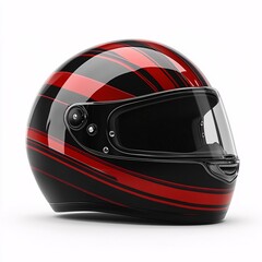 A sleek, modern racing helmet featuring a dynamic design with bold red stripes against a black backdrop, suitable for various motorsports, isolated in white background. High quality render.