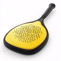 Studio shot featuring a yellow beach tennis racket with black accents. It is designed with evenly spaced holes on the paddle, against an isolated white background showcasing its texture and form.