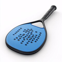 A blue and black paddle tennis racket isolated on white background. The racket features a textured grip and a perforated face, ideal for sports marketing or design projects and sport competitions.