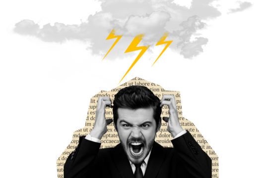 Composite trend artwork 3D sketch image photo collage of young man scream loud voice overloaded  crazy bad mood sky cloud bolt depression