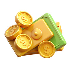 3D cartoon style dollar bills and gold coins with dollar signs in yellow and green, isolated on white background

