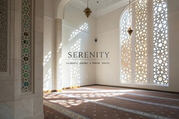 Empty interior of a mosque, showcasing intricate geometric window patterns and hanging lanterns