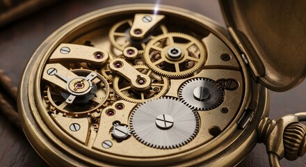Intricate inner workings of a vintage brass pocket watch showing detailed gears and cogs.