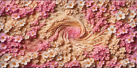 An abstract background texture with rippling, petal-like structures resembling sakura petals in shades of pink, cream, and brown, swirling from the center.