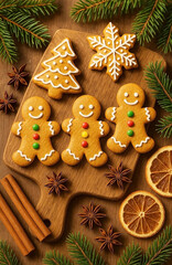 Delicious sweet cookies, gingerbread men, Christmas trees and snowflakes with white glaze, with green branches of the Christmas tree and New Year's decor