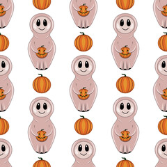 Seamless pattern with Halloween ghost dolls and pumpkin. Cute Orange Jack-O-Lantern Pumpkins Seamless Pattern - stock illustration