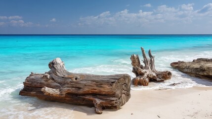 Fototapeta premium Tranquil seascape with driftwood on sandy beach under bright blue sky