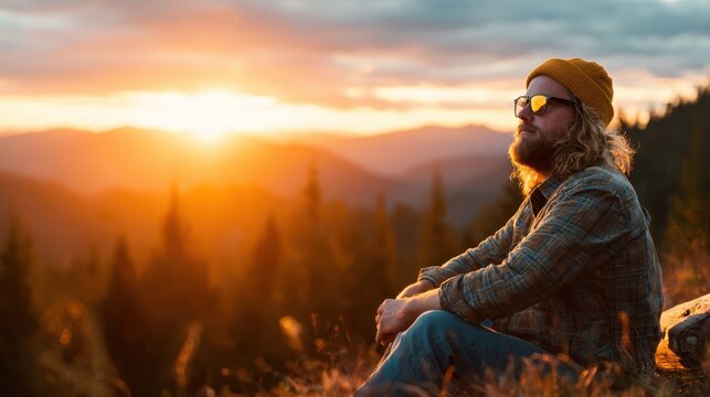 A contemplative man sits peacefully at sunrise, surrounded by majestic mountains and trees, capturing a moment of tranquility and connection with nature's beauty.