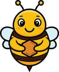 Obraz premium Adorable smiling honeybee mascot holding a piece of honeycomb.