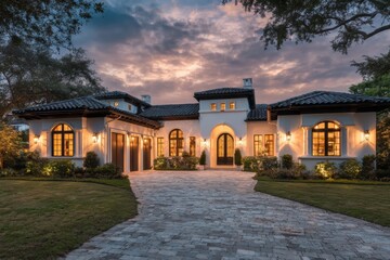 Mediterranean mansion exterior twilight architecture