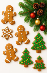 Delicious sweet cookies, gingerbread men, Christmas trees and snowflakes with white glaze, with green branches of the Christmas tree and New Year's decor