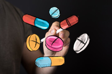 Stock photo of hand drawing colorful pills and capsules. Perfect for healthcare, medicine, pharmacy concepts.