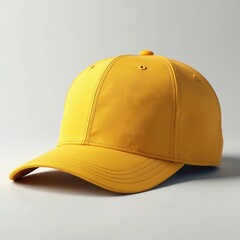 Fototapeta premium Solid mustard yellow baseball cap on clean white studio background. Blank flat-brimmed hat ready for custom branding, logo design, personalization. Minimalist stylish unisex headwear modern sporty