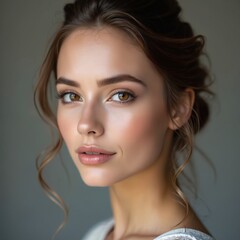 Naklejka premium Young woman close-up portrait. She has radiant skin, natural make-up, brown eyes, elegant styled hair. Model looks calm, fresh, showing beauty, wellness, and self-care. Pro studio photo shoot.