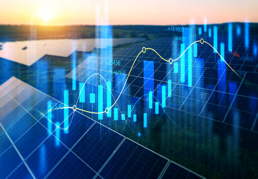 Renewable energy meets finance innovation.Solar panels and wind turbines blend with digital stock charts, symbolizing growth, investment, and the future of sustainable energy markets.