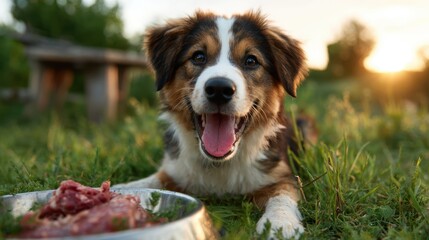 A cheerful dog lays on the grass next to a bowl of meat, radiating joy and contentment in a serene outdoor setting enhanced by the warm glow of sunset.