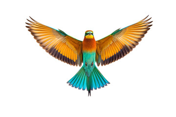 Fototapeta premium Stunning bee-eater bird flying forward with outstretched wings displaying golden, turquoise, and emerald feather patterns, isolated on a transparent background