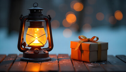 Christmas Lantern with Gift Box Cozy Holiday Atmosphere