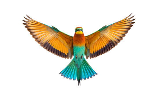 Stunning bee-eater bird flying forward with outstretched wings displaying golden, turquoise, and emerald feather patterns, isolated on a transparent background