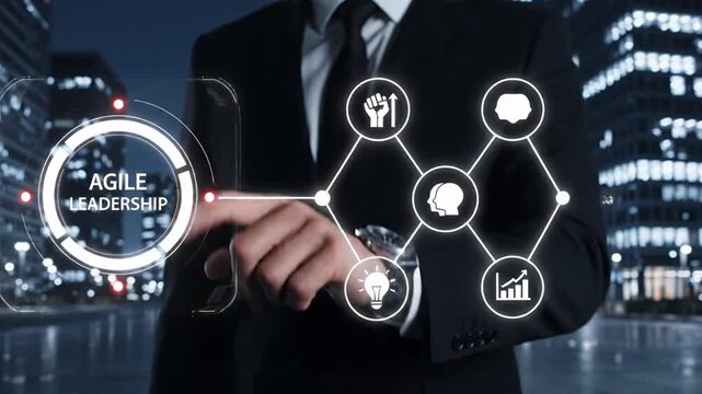 Agile Leadership concept. A business leader or manager presenting a virtual framework of principles including adaptability, innovation, and empowering teams for growth.