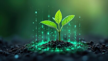 Green plant sprouts from soil with glowing digital particles. New life emerges from data streams. Symbolizes nature growth and tech fusion, sustainable eco future.