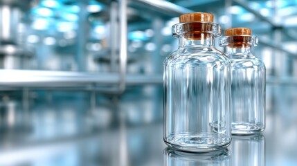 The image showcases two transparent glass vials with wooden caps, reflecting a clean and modern laboratory environment, emphasizing purity and precision.