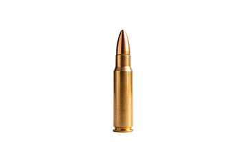 Single brass rifle cartridge with copper bullet standing upright on white surface, isolated on a transparent background