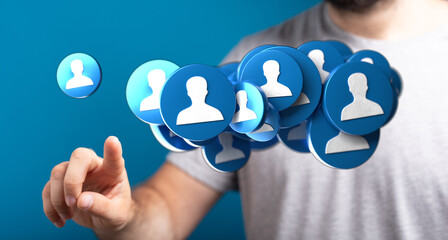 A hand reaching out towards a network of person icons, symbolizing connection, social networking,...