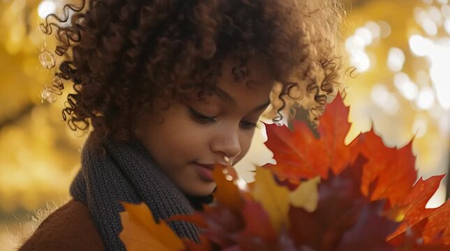 Charming young woman with curly hair holding autumn leaves in golden park. Smiling softly and enjoying the beauty of fall season.