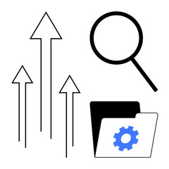 Magnifying glass, upward arrows symbolizing progress, and folder with gear icon for organization and insights. Ideal for business, data management, research, innovation, productivity, improvement