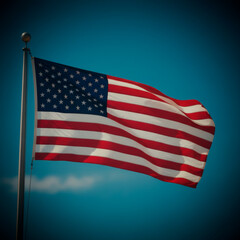 Obraz premium Waving American flag against a blue sky, symbolizing freedom and patriotism for Veterans Day and Memorial Day, copy space