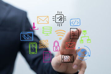 Hand interacting with digital icons: data, cloud, network, security, technology, communication, email, files.
