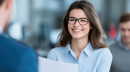 Happy employee receiving explanation of work benefits