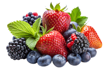 A fresh assortment of ripe summer berries like strawberries, blueberries, and blackberries with green mint leaves. A healthy and delicious mix rich in vitamins