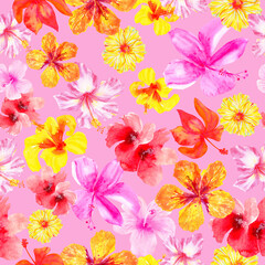Obraz premium Watercolor Hawaiian hibiscus flowers seamless tropical floral pattern on pink background