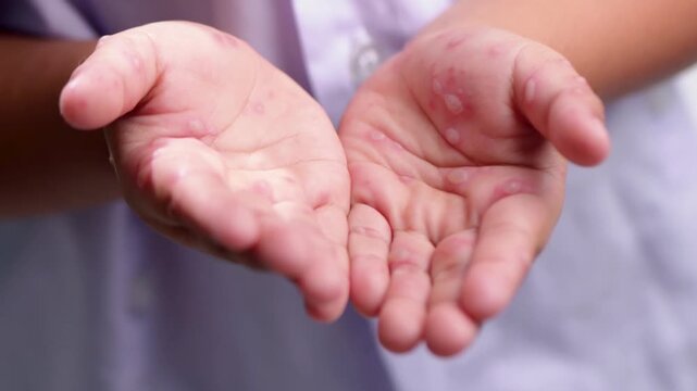 Hand, foot and mouth disease HFMD Human hand of scarlet fever in coxsackievirus palmarosa virus and child hand on white background