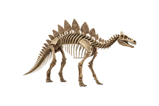 Fossil stegosaurus skeleton with distinctive back plates and complete bone structure visible from side, isolated on a transparent background - Powered by Adobe
