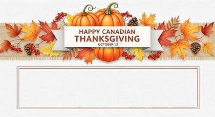 Happy canadian thanksgiving banner with pumpkins, autumn leaves, and pine cones on a rustic wooden background, featuring a blank space for text